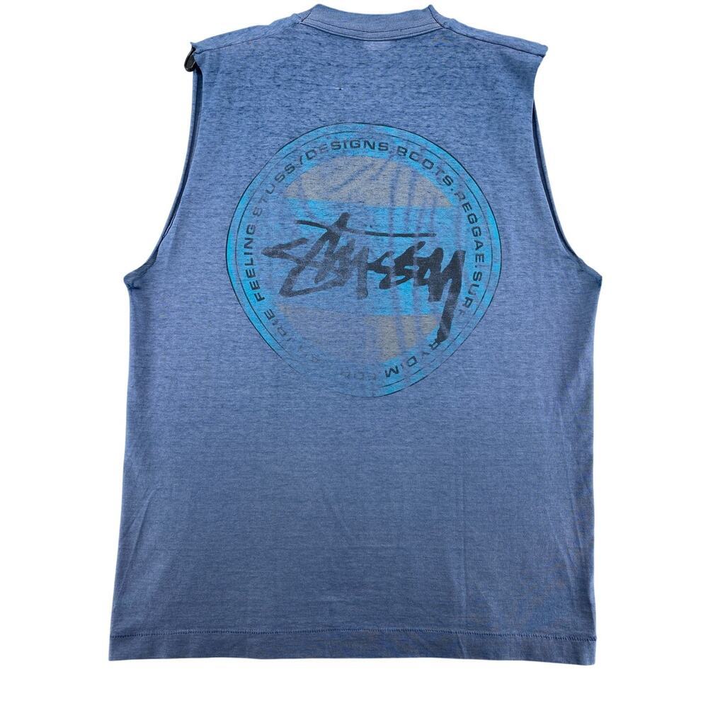 Vintage Stussy Single Stitch Muscle Tee Blue USA 90s Fade Graphic Size L